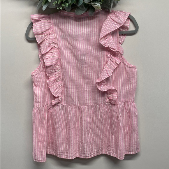 NWT Loft Striped Ruffle Tie Neck Peplum Sleeveless Top Pink Burst S - Picture 2 of 12